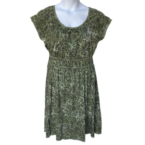 Sahalie Olive Cotton Jersey Pullover Dress w Block Print Pattern, Tie Dye size L - Picture 4 of 11